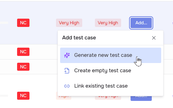 The Add test case menu on a risk, with Generate new test case selected