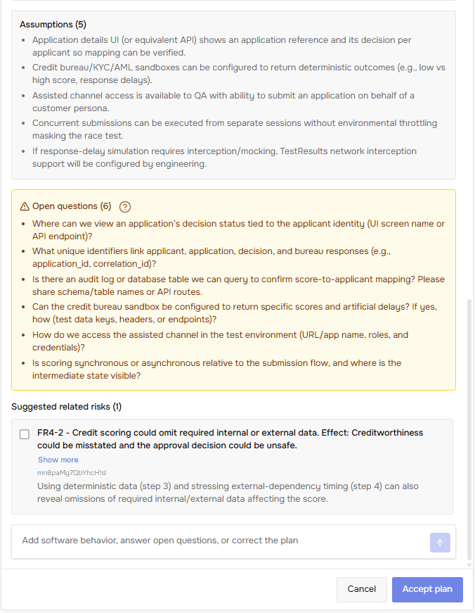 A generated test case plan listing its assumptions, the open questions the spec leaves unanswered, and the related risks it suggests